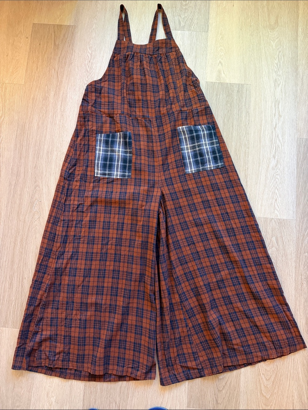 NWT Natural Life Dakota Plaid Tie Overall Jumpsuit Brown Blue Wide Leg Large